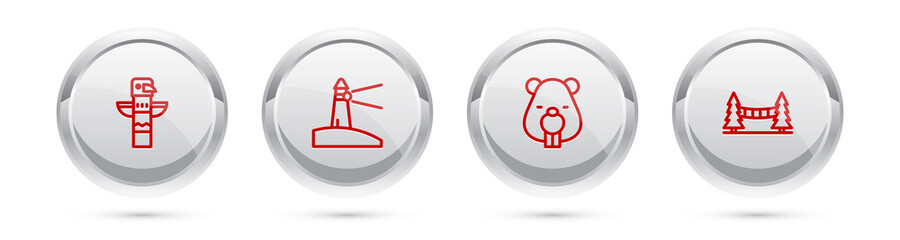 Set line Canadian totem pole, Lighthouse, Beaver animal and Capilano Suspension Bridge. Silver circle button. Vector
