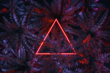 3d rendering of red triangle neon light with fern leaves. Flat lay of minimal tropical style concept © Brilliant Eye