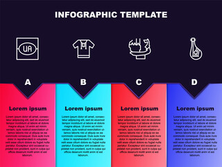 Set line Flag of Ukraine, Embroidered shirt, Monument to founders Kiev and Bandura. Business infographic template. Vector