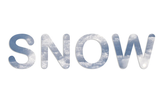 The word "SNOW" filled with an image of snow texture on a white background.