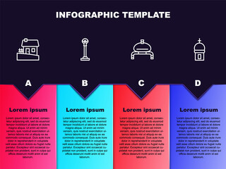 Set line Ukrainian house, Monument of Independence, Bread and salt and Church tower. Business infographic template. Vector