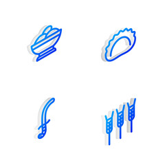 Obraz premium Set Isometric line Dumplings, Varenyky a bowl, Medieval sword and Wheat icon. Vector