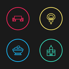 Set line Varenyky in a bowl, Church building, Dumplings on fork and Embroidered towel icon. Vector