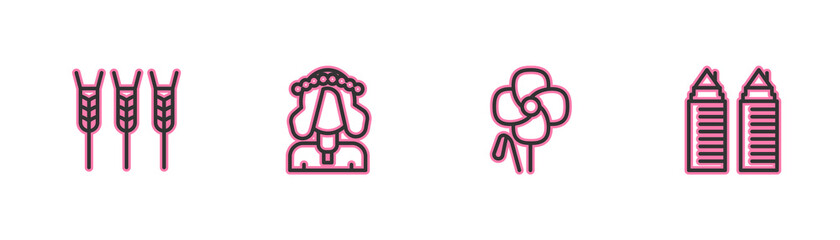 Set line Wheat, Poppy flower, Ukrainian woman and Two towers Dnipro icon. Vector