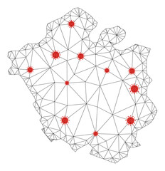 Polygonal mesh Chandigarh City map with coronavirus centers. Abstract mesh connected lines and flu viruses form Chandigarh City map. Vector wireframe 2D polygonal network in black and red colors.