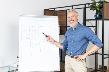 Cheerful grey haired mature male tutor teaching students online, middle-aged man points at the...