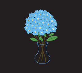 Vector bouquet of blue forget-me-nots in a vase isolated on a dark background. Greeting card, poster.