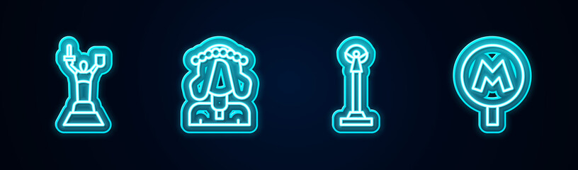 Set line Mother Motherland monument, Ukrainian woman, Monument of Independence and Metro or Underground. Glowing neon icon. Vector