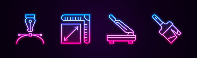 Set line Fountain pen nib, Paper size, cutter and Paint brush. Glowing neon icon. Vector