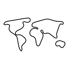 Doodle style world map icon isolated in black color on white background. Vector illustration.