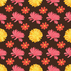 Seamless pattern with pink and yellow asters and red flowers. Vector illustration hand drawn. Botanical plant background. Wrapping, print or fabric texture