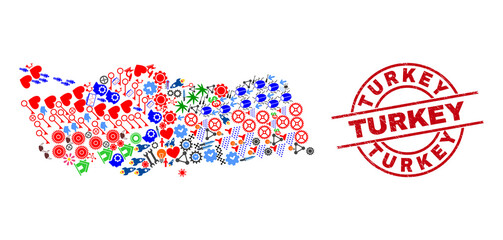 Turkey map collage and grunge Turkey red circle stamp seal. Turkey stamp uses vector lines and arcs. Turkey map collage contains gears, houses, wrenches, suns, men, and more icons.