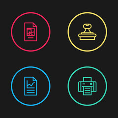 Set line Document with graph chart, Printer, Stamp and File document icon. Vector