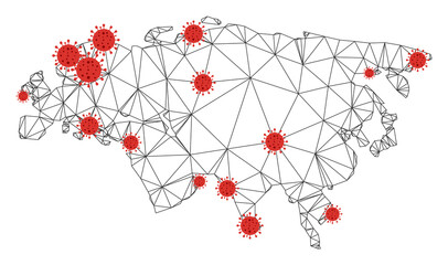 Polygonal mesh Eurasia map with coronavirus centers. Abstract network connected lines and flu viruses form Eurasia map. Vector wireframe 2D polygonal network in black and red colors.