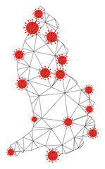 Polygonal mesh Liechtenstein map with coronavirus centers. Abstract network connected lines and covid viruses form Liechtenstein map. Vector wireframe 2D polygonal network in black and red colors.