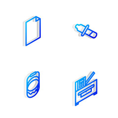 Set Isometric line Pipette, Empty document, Paint bucket and Copy machine icon. Vector