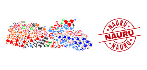 Meghalaya State map collage and grunge Nauru red round stamp. Nauru stamp uses vector lines and arcs. Meghalaya State map collage includes helmets, houses, screwdrivers, suns, people, and more icons.