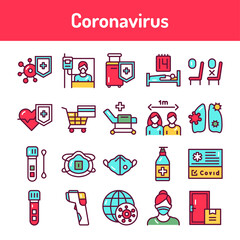 Coronavirus epidemic color line icons set. Pictograms for web page, mobile app, promo.