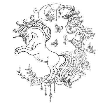 Antistress coloring unicorn with flowers vector illustration