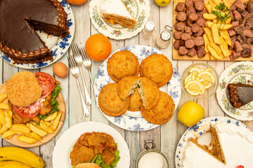 set of typical Colombian dishes, assorted cakes and hamburgers