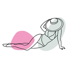 Woman in hat , line Art Woman Body. Minimalistic Black Lines Drawing. Female Figure Continuous One Line Abstract Drawing. Naked Body Art. Vector 