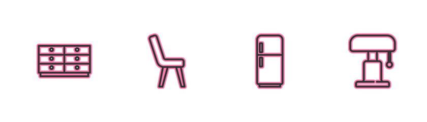 Set line Chest of drawers, Refrigerator, Armchair and Table lamp icon. Vector
