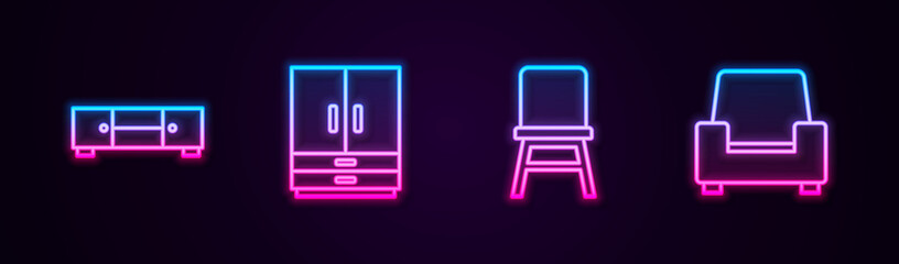 Set line Chest of drawers, Wardrobe, Chair and Armchair. Glowing neon icon. Vector