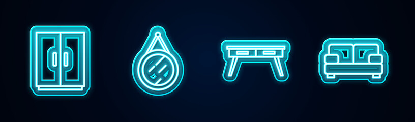 Set line Wardrobe, Mirror, Office desk and Sofa. Glowing neon icon. Vector