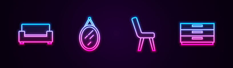 Set line Sofa, Mirror, Armchair and Chest drawers. Glowing neon icon. Vector
