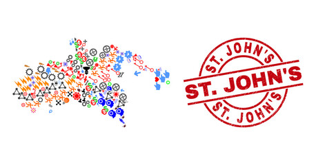 Saint John Island map mosaic and scratched St. John'S red circle badge. St. John'S badge uses vector lines and arcs. Saint John Island map collage contains helmets, houses, showers, bugs, hands,