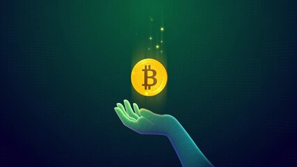 Golden bitcoin cryptocurrency coin in hand. Futuristic loop animation. digital currency mining. Crypto, money, finance, nft, blockchain technology concept. Hologram of a Bitcoin hi-tech style video - Powered by Adobe