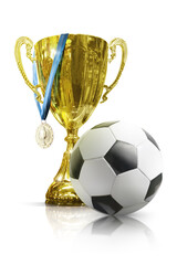 Soccer championship trophy. Golden champion cup isolated on white background. Sport award. Victory...