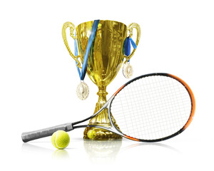 Tennis championship trophy. Golden champion cup isolated on white background. Sport award. Victory...