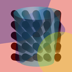 Modern banner for wall decor. Abstract background in vintage style. Colored geometric forms. Pink, purple, yellow colors. Black dots. Colorful circles. 3d effect. Vintage geometric.