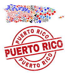 Puerto Rico map collage and unclean Puerto Rico red circle watermark. Puerto Rico seal uses vector lines and arcs. Puerto Rico map collage contains helmets, houses, screwdrivers, suns, hands,