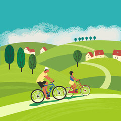 Dad, Daughter ride bicycle flat color vector. Father, baby kid cute cartoon illustration. Family active sport leisure activity. Parent, child together summer rural countryside bicycling background