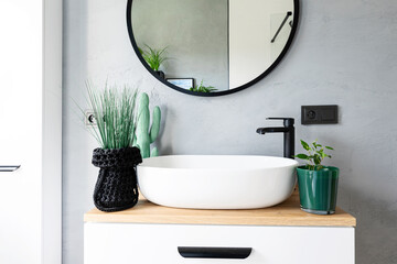 Ceramic washbasin with stylish faucet, round mirror and modern furniture with green plants. Grey...