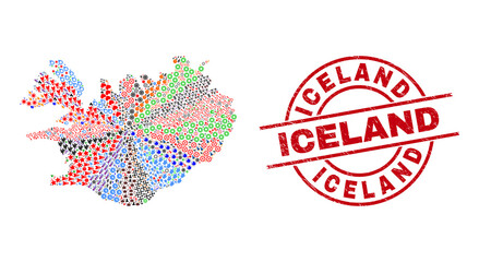 Iceland map mosaic and unclean Iceland red circle stamp print. Iceland stamp uses vector lines and arcs. Iceland map mosaic includes helmets, homes, screwdrivers, bugs, hands, and more icons.