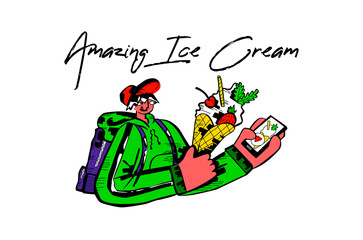 A Boy holds a Delicious Waffle Ice Cream Cone ordered Online. He Holds a Phone in his hand and rats the Product on Social networks. Vector Drawn illustration. Concept of Frozen Delicious Sweets.