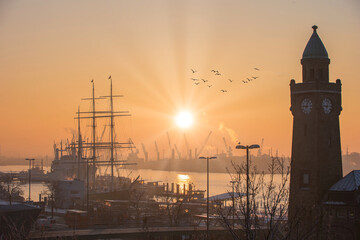 Famous harbor of German city Hamburg in the morning sunrise