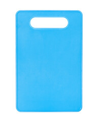 Blue plastic cutting board isolated on white.