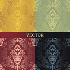 Set of vintage seamless damask patterns. Gold collection of ornament. Shiny yellow, green, red, black background. Openwork trendy wallpaper, lace fabric in vector 