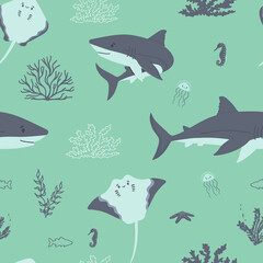 Cute sharks, seahorse, stingray, jellyfish, corals, fish, algae seamless pattern. Vector illustration on aquamarine background, blue colors of underwater tropical ocean and sea animals