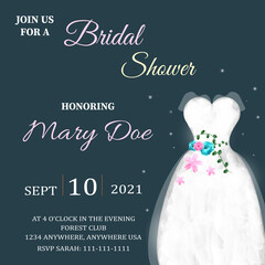 Bridal shower invitation. Wedding card with dress and flowers.
