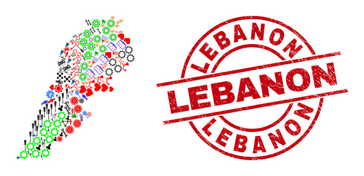 Lebanon map collage and scratched Lebanon red round seal. Lebanon seal uses vector lines and arcs. Lebanon map collage contains helmets, homes, wrenches, suns, wine glasses, and more pictograms.