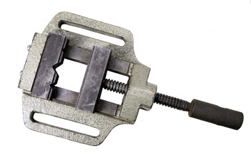 A vice for fixing workpieces in a bench drill. Robust metal mechanical device.