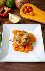 Healthy foods, full of vegetables and delicious flavors presented in white plate with colorful background