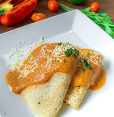 Healthy foods, full of vegetables and delicious flavors presented in white plate with colorful background