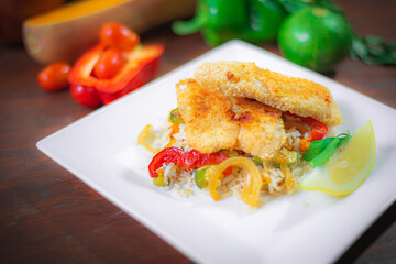Healthy foods, full of vegetables and delicious flavors presented in white plate with colorful background