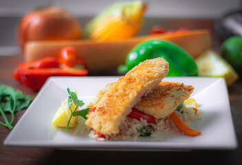 Healthy foods, full of vegetables and delicious flavors presented in white plate with colorful background